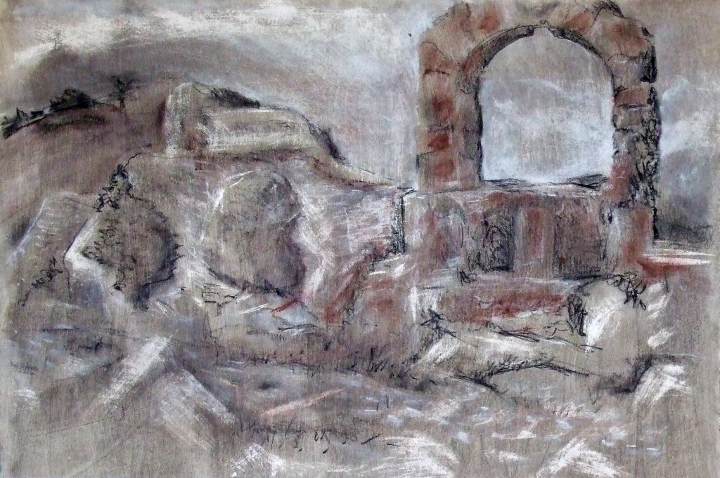 Ruins in Italy, chalk and charcoal on paper, 15"H x 22"W